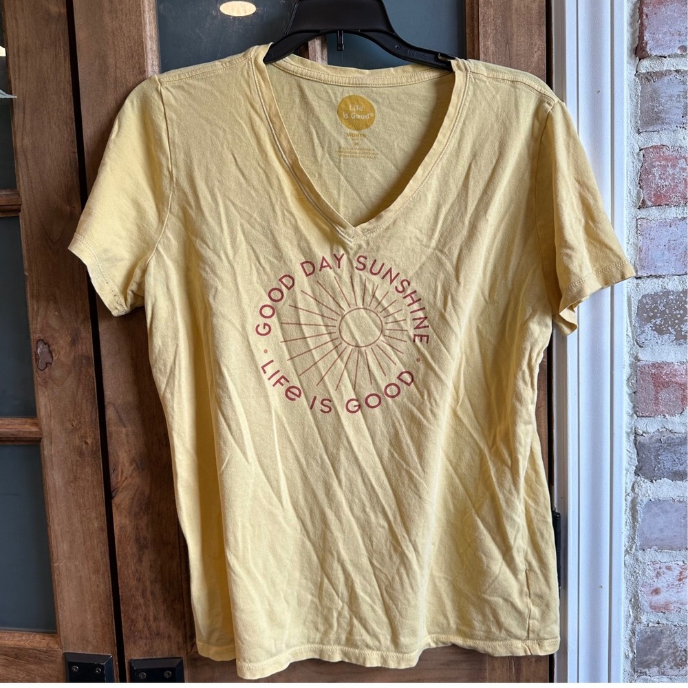 Life Is Good T Shirt Womens‎ Med Yellow Good Day Sunshine V Neck Cotton FLAW